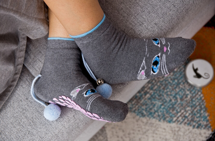 Eine Person trägt Katzensocken von Rainbow Socks.