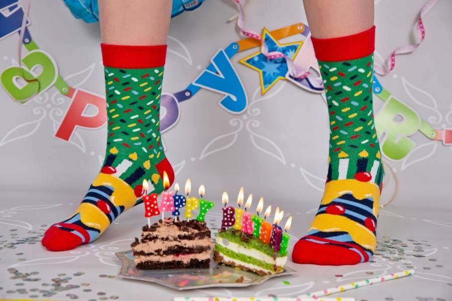 Themed Party Socks – Birthday Cake and Happy Birthday Socks Close-Up