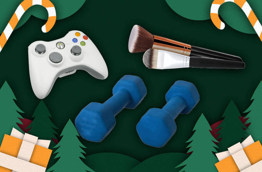 A graphic with gaming accessories, sports equipment and beauty products.